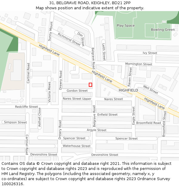 31, BELGRAVE ROAD, KEIGHLEY, BD21 2PP: Location map and indicative extent of plot