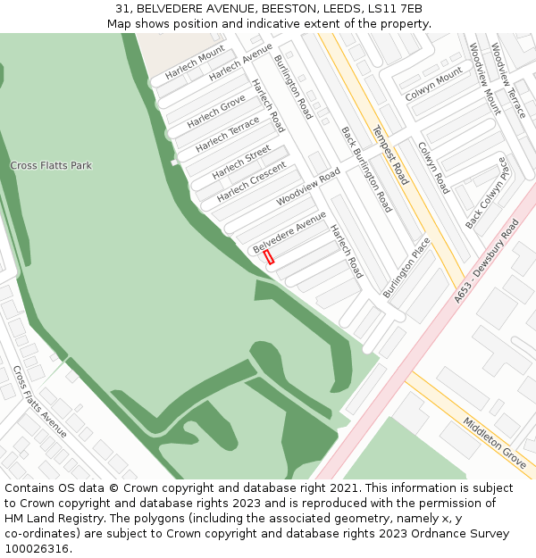 31, BELVEDERE AVENUE, BEESTON, LEEDS, LS11 7EB: Location map and indicative extent of plot