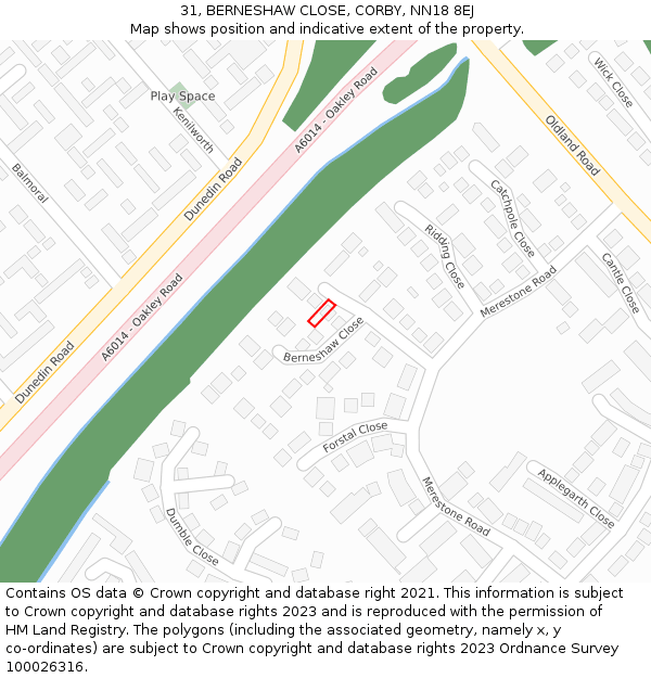 31, BERNESHAW CLOSE, CORBY, NN18 8EJ: Location map and indicative extent of plot