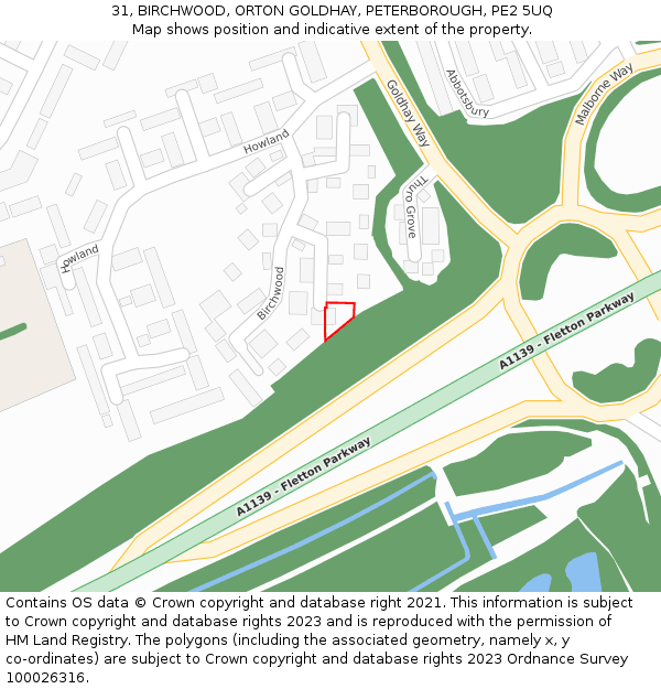 31, BIRCHWOOD, ORTON GOLDHAY, PETERBOROUGH, PE2 5UQ: Location map and indicative extent of plot