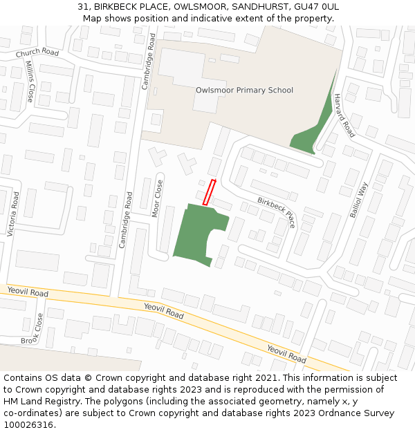 31, BIRKBECK PLACE, OWLSMOOR, SANDHURST, GU47 0UL: Location map and indicative extent of plot