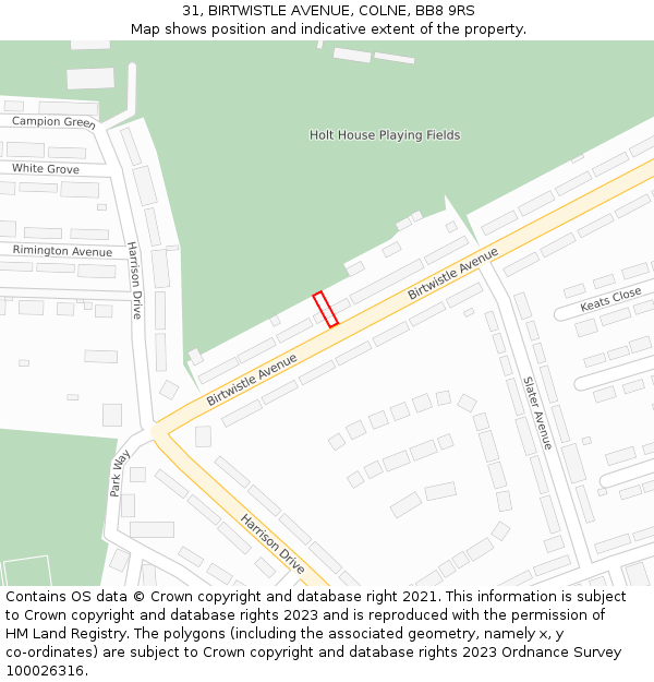 31, BIRTWISTLE AVENUE, COLNE, BB8 9RS: Location map and indicative extent of plot