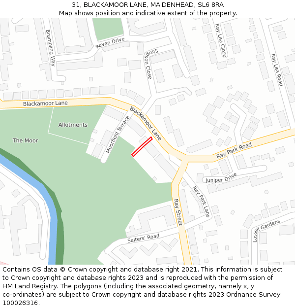 31, BLACKAMOOR LANE, MAIDENHEAD, SL6 8RA: Location map and indicative extent of plot