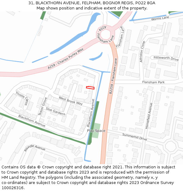 31, BLACKTHORN AVENUE, FELPHAM, BOGNOR REGIS, PO22 8GA: Location map and indicative extent of plot