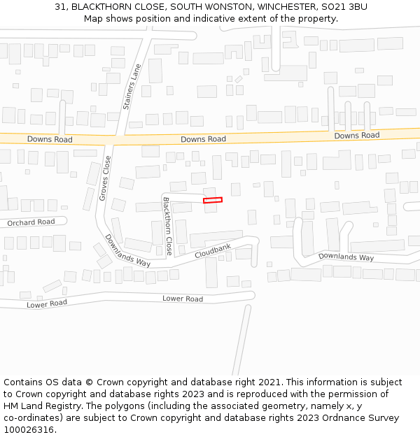 31, BLACKTHORN CLOSE, SOUTH WONSTON, WINCHESTER, SO21 3BU: Location map and indicative extent of plot