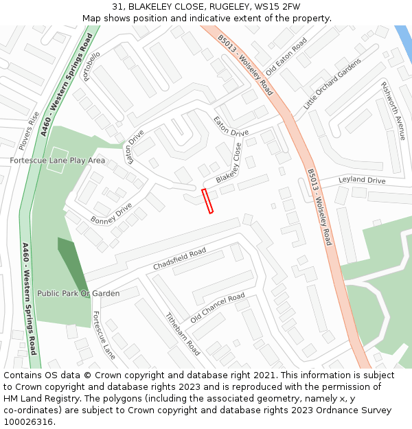 31, BLAKELEY CLOSE, RUGELEY, WS15 2FW: Location map and indicative extent of plot