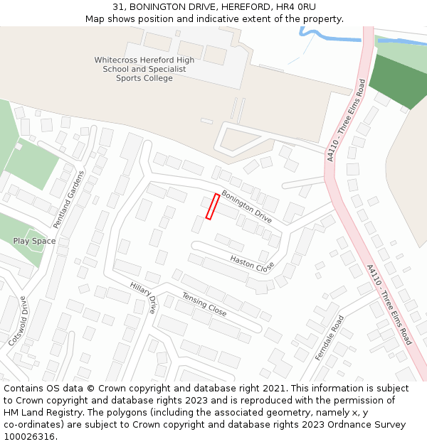 31, BONINGTON DRIVE, HEREFORD, HR4 0RU: Location map and indicative extent of plot