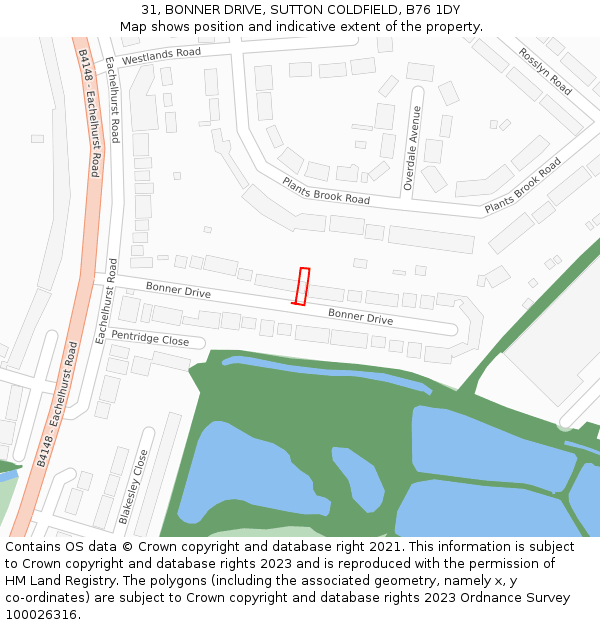 31, BONNER DRIVE, SUTTON COLDFIELD, B76 1DY: Location map and indicative extent of plot