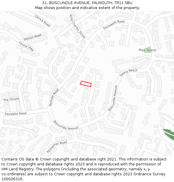 31, BOSCUNDLE AVENUE, FALMOUTH, TR11 5BU: Location map and indicative extent of plot