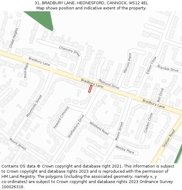 31, BRADBURY LANE, HEDNESFORD, CANNOCK, WS12 4EL: Location map and indicative extent of plot