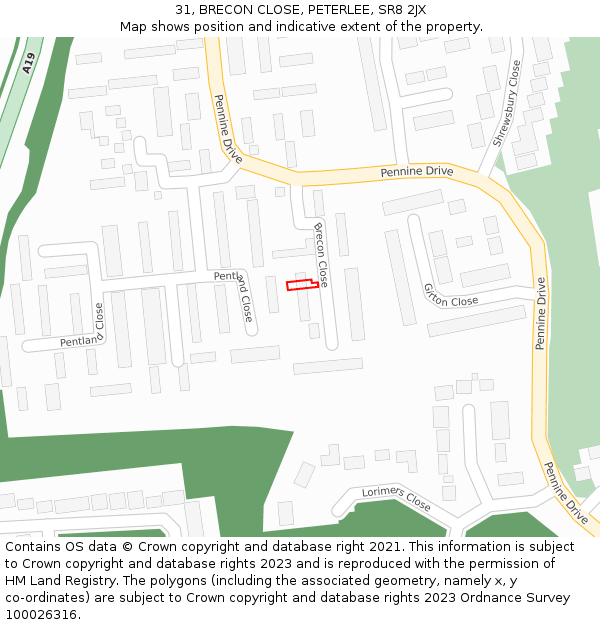 31, BRECON CLOSE, PETERLEE, SR8 2JX: Location map and indicative extent of plot