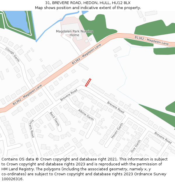 31, BREVERE ROAD, HEDON, HULL, HU12 8LX: Location map and indicative extent of plot
