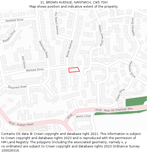 31, BROWN AVENUE, NANTWICH, CW5 7DH: Location map and indicative extent of plot