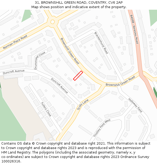 31, BROWNSHILL GREEN ROAD, COVENTRY, CV6 2AP: Location map and indicative extent of plot