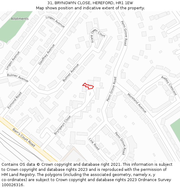 31, BRYNGWYN CLOSE, HEREFORD, HR1 1EW: Location map and indicative extent of plot