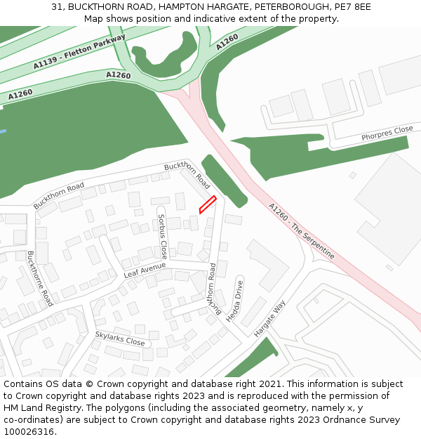 31, BUCKTHORN ROAD, HAMPTON HARGATE, PETERBOROUGH, PE7 8EE: Location map and indicative extent of plot