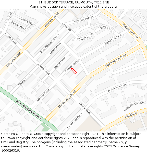 31, BUDOCK TERRACE, FALMOUTH, TR11 3NE: Location map and indicative extent of plot