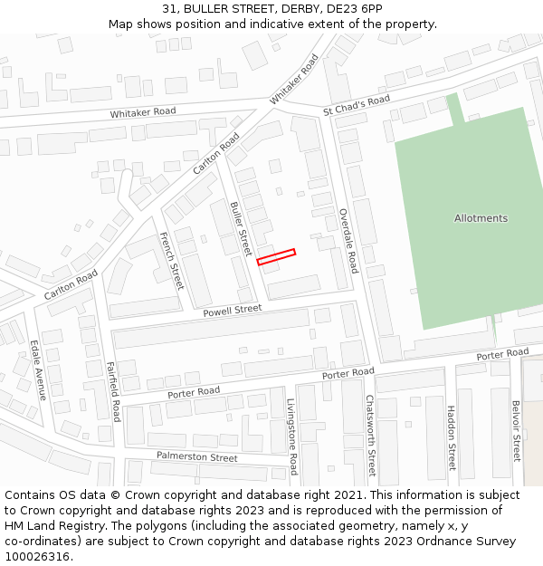 31, BULLER STREET, DERBY, DE23 6PP: Location map and indicative extent of plot