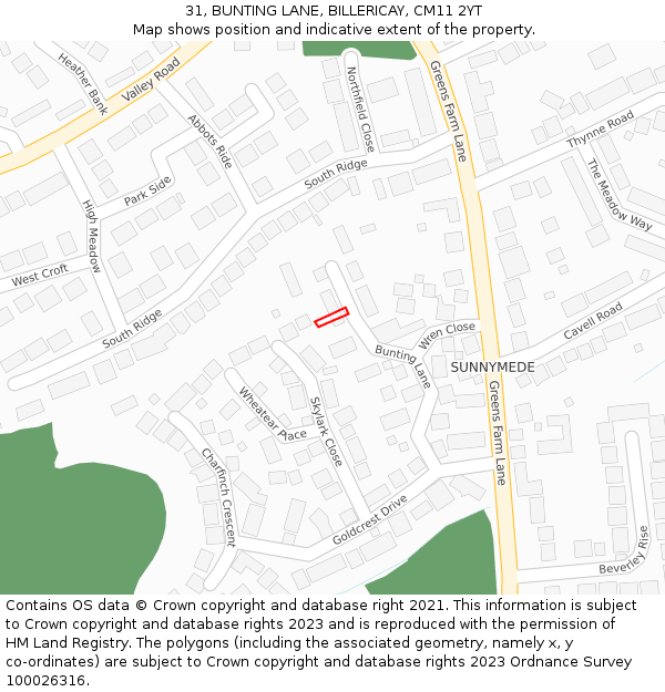 31, BUNTING LANE, BILLERICAY, CM11 2YT: Location map and indicative extent of plot