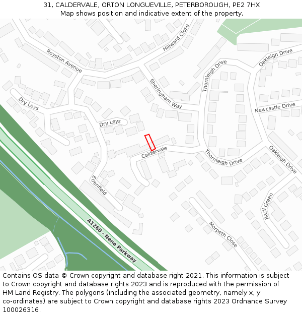 31, CALDERVALE, ORTON LONGUEVILLE, PETERBOROUGH, PE2 7HX: Location map and indicative extent of plot