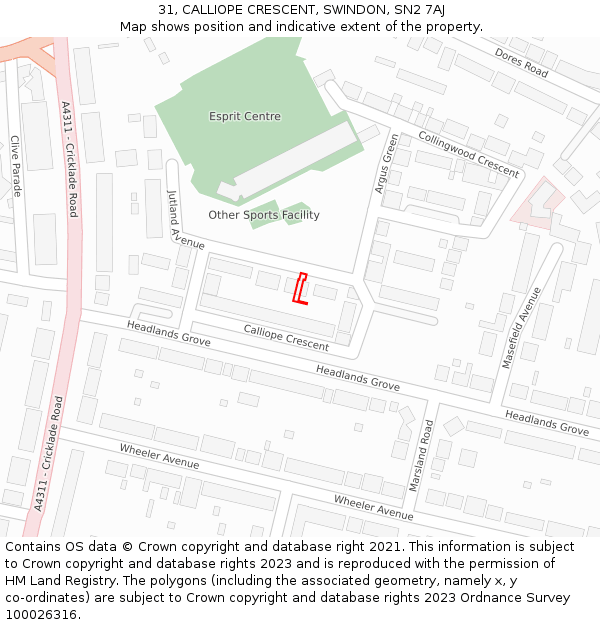 31, CALLIOPE CRESCENT, SWINDON, SN2 7AJ: Location map and indicative extent of plot