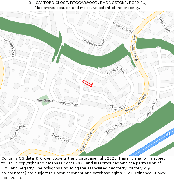 31, CAMFORD CLOSE, BEGGARWOOD, BASINGSTOKE, RG22 4UJ: Location map and indicative extent of plot