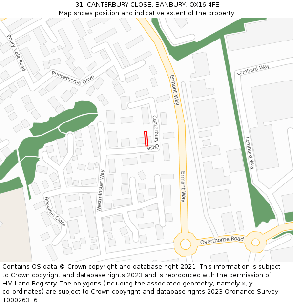 31, CANTERBURY CLOSE, BANBURY, OX16 4FE: Location map and indicative extent of plot
