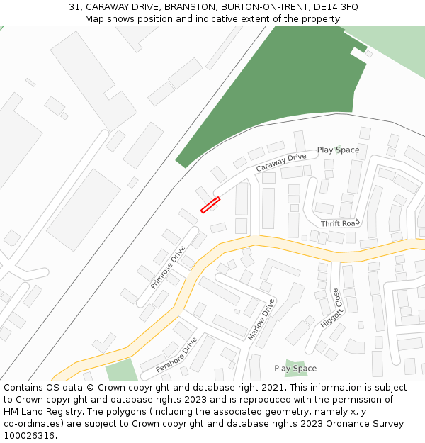31, CARAWAY DRIVE, BRANSTON, BURTON-ON-TRENT, DE14 3FQ: Location map and indicative extent of plot