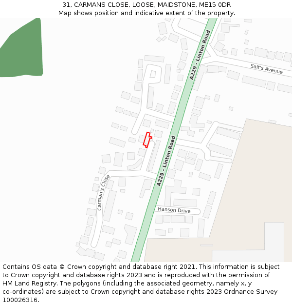 31, CARMANS CLOSE, LOOSE, MAIDSTONE, ME15 0DR: Location map and indicative extent of plot