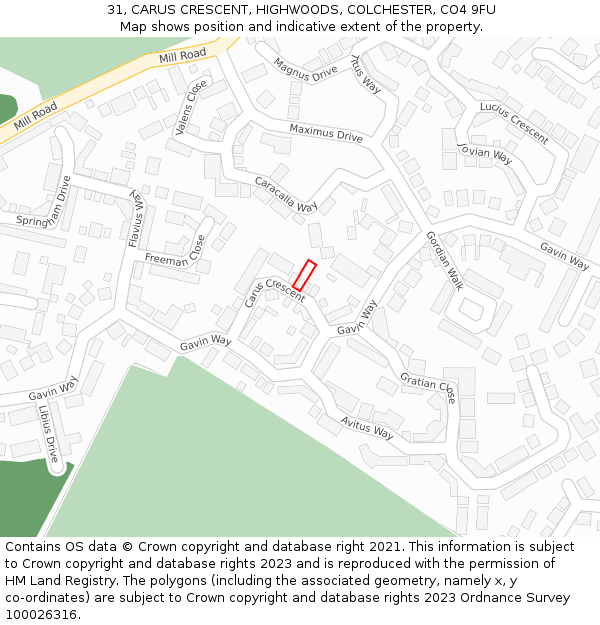 31, CARUS CRESCENT, HIGHWOODS, COLCHESTER, CO4 9FU: Location map and indicative extent of plot