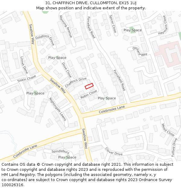 31, CHAFFINCH DRIVE, CULLOMPTON, EX15 1UJ: Location map and indicative extent of plot