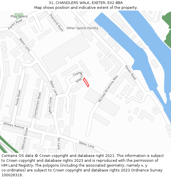 31, CHANDLERS WALK, EXETER, EX2 8BA: Location map and indicative extent of plot