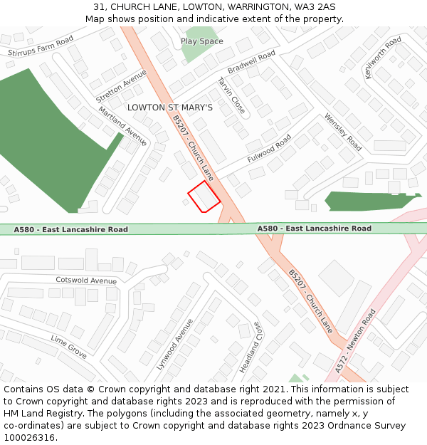31, CHURCH LANE, LOWTON, WARRINGTON, WA3 2AS: Location map and indicative extent of plot