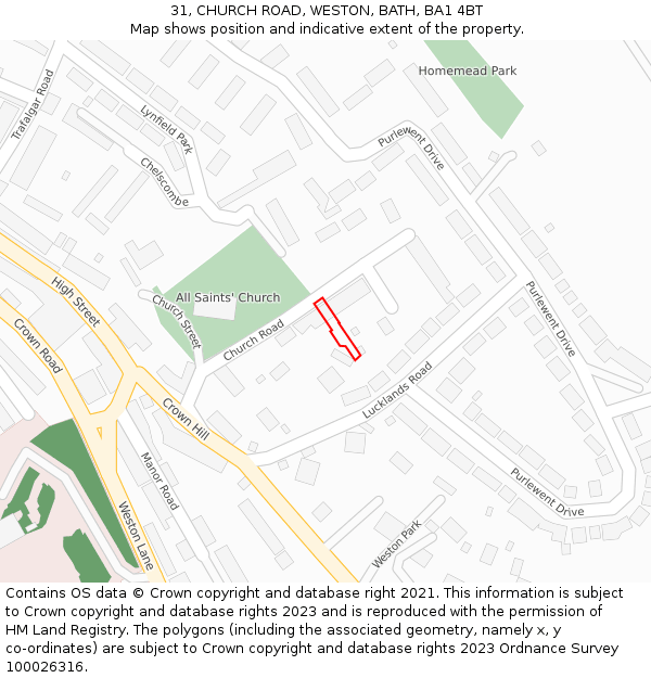 31, CHURCH ROAD, WESTON, BATH, BA1 4BT: Location map and indicative extent of plot