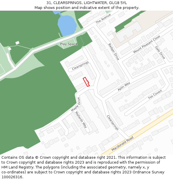 31, CLEARSPRINGS, LIGHTWATER, GU18 5YL: Location map and indicative extent of plot