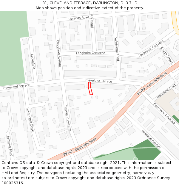 31, CLEVELAND TERRACE, DARLINGTON, DL3 7HD: Location map and indicative extent of plot