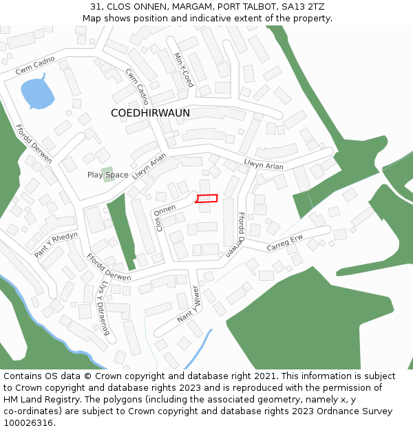 31, CLOS ONNEN, MARGAM, PORT TALBOT, SA13 2TZ: Location map and indicative extent of plot