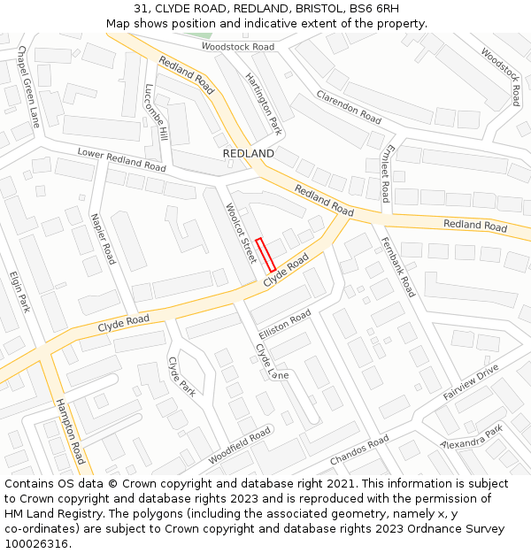 31, CLYDE ROAD, REDLAND, BRISTOL, BS6 6RH: Location map and indicative extent of plot