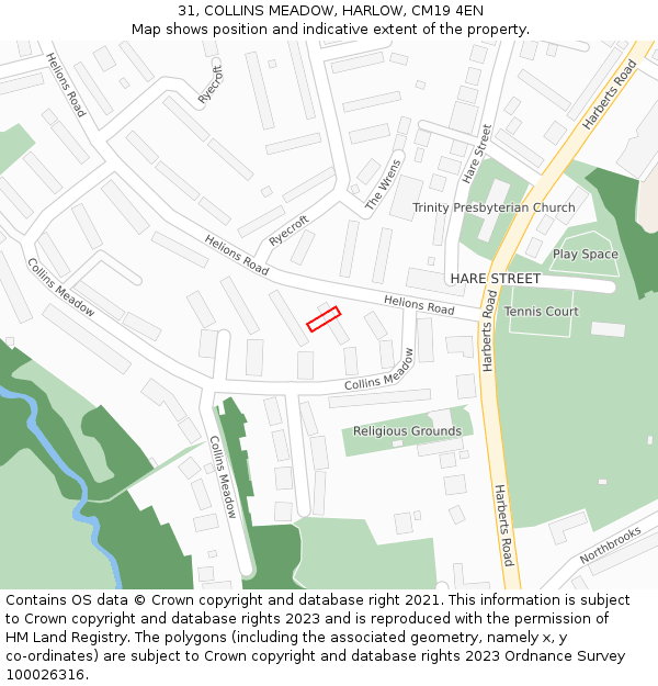 31, COLLINS MEADOW, HARLOW, CM19 4EN: Location map and indicative extent of plot