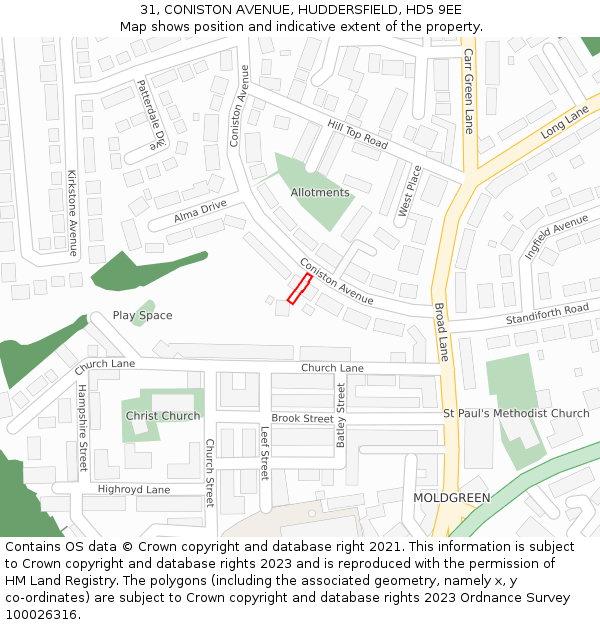 31, CONISTON AVENUE, HUDDERSFIELD, HD5 9EE: Location map and indicative extent of plot