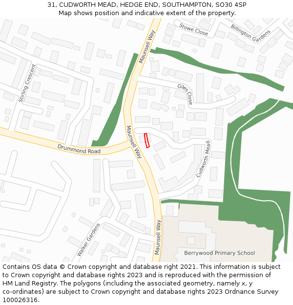 31, CUDWORTH MEAD, HEDGE END, SOUTHAMPTON, SO30 4SP: Location map and indicative extent of plot