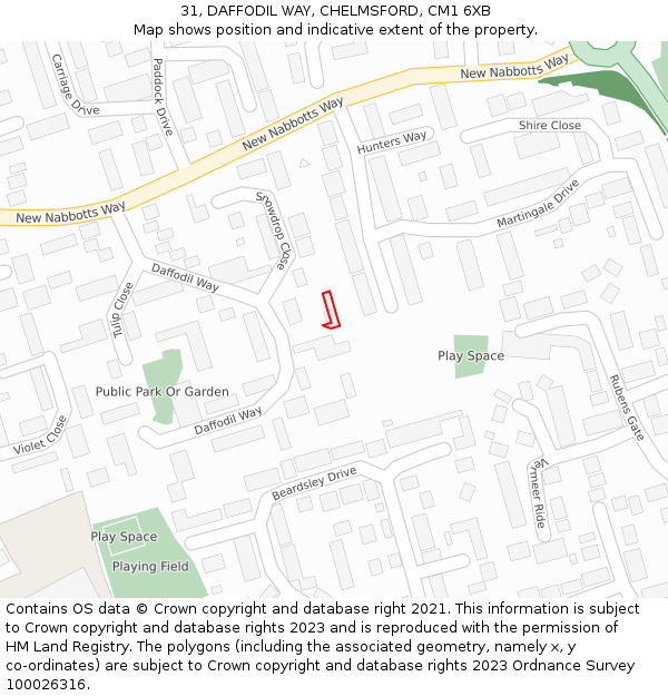 31, DAFFODIL WAY, CHELMSFORD, CM1 6XB: Location map and indicative extent of plot