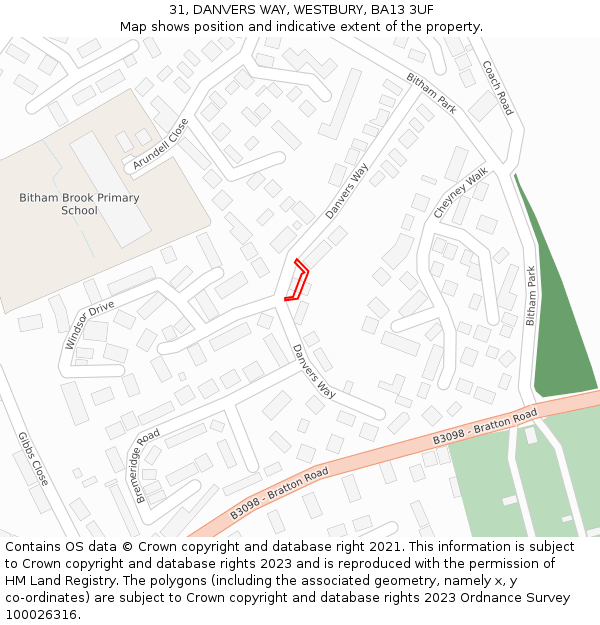 31, DANVERS WAY, WESTBURY, BA13 3UF: Location map and indicative extent of plot