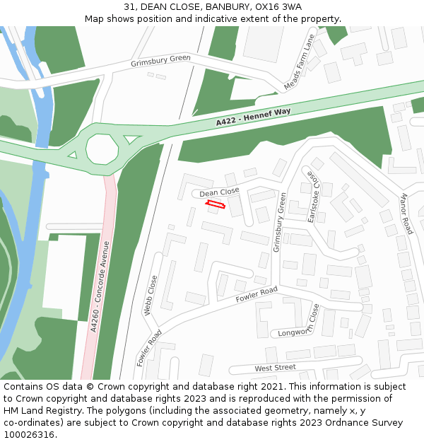 31, DEAN CLOSE, BANBURY, OX16 3WA: Location map and indicative extent of plot