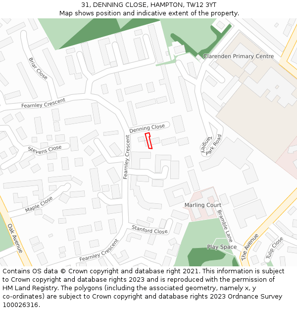 31, DENNING CLOSE, HAMPTON, TW12 3YT: Location map and indicative extent of plot