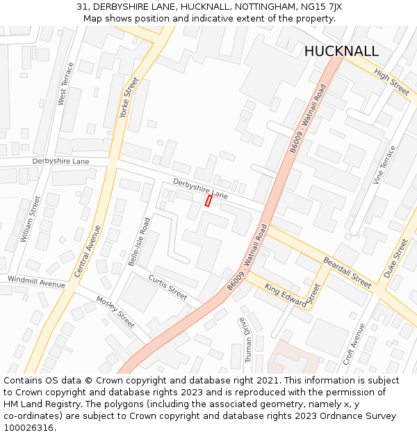 31, DERBYSHIRE LANE, HUCKNALL, NOTTINGHAM, NG15 7JX: Location map and indicative extent of plot