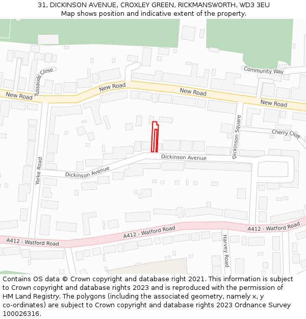 31, DICKINSON AVENUE, CROXLEY GREEN, RICKMANSWORTH, WD3 3EU: Location map and indicative extent of plot