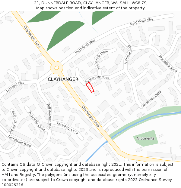 31, DUNNERDALE ROAD, CLAYHANGER, WALSALL, WS8 7SJ: Location map and indicative extent of plot