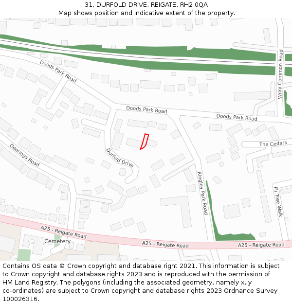 31, DURFOLD DRIVE, REIGATE, RH2 0QA: Location map and indicative extent of plot