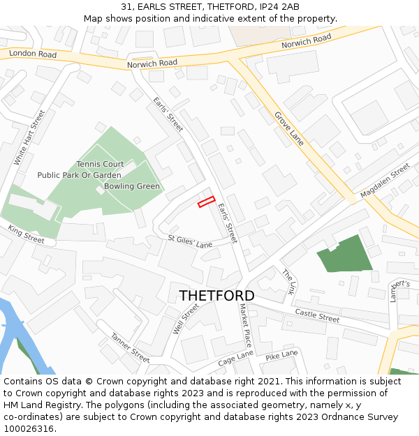 31, EARLS STREET, THETFORD, IP24 2AB: Location map and indicative extent of plot